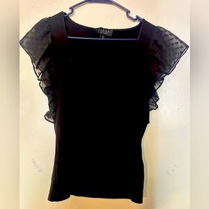 Laundry by Shelli Segal black sleeveless top, ruffles around arm opening